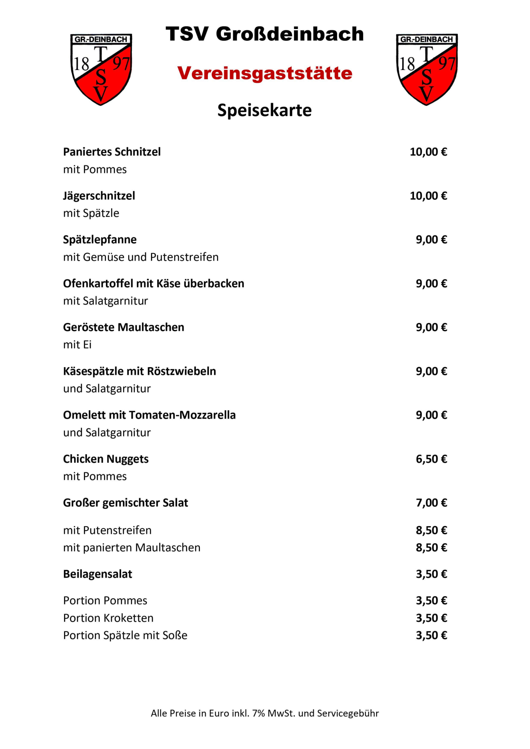 TSV Großdeinbach Speisekarte Vereinsheim Stand 12.05.2023