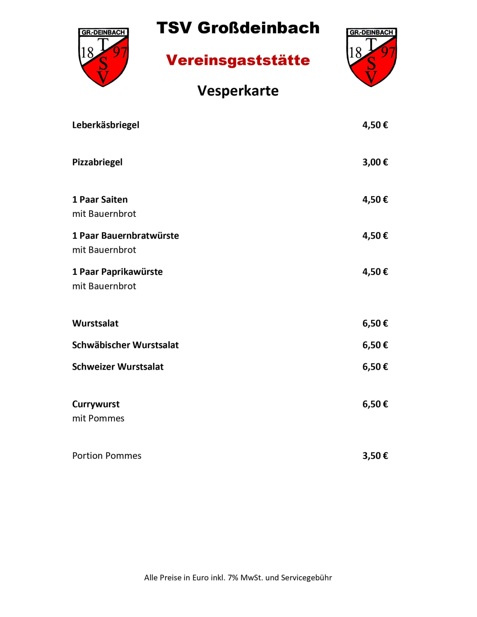 TSV Großdeinbach Vesperkarte Vereinsheim Stand 12.05.2023