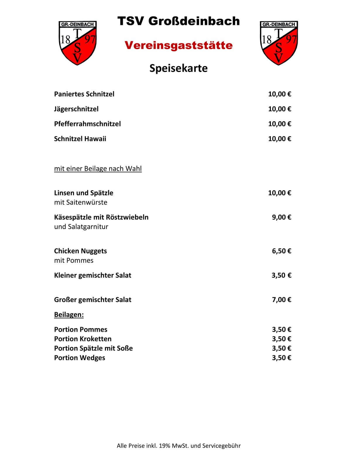 TSV Großdeinbach Speisekarte Stand 09.03.2024