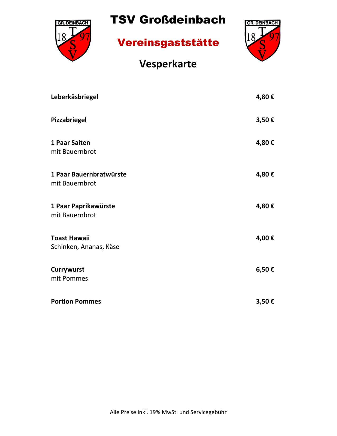 TSV Großdeinbach Vesperkarte Stand 17.03.2024