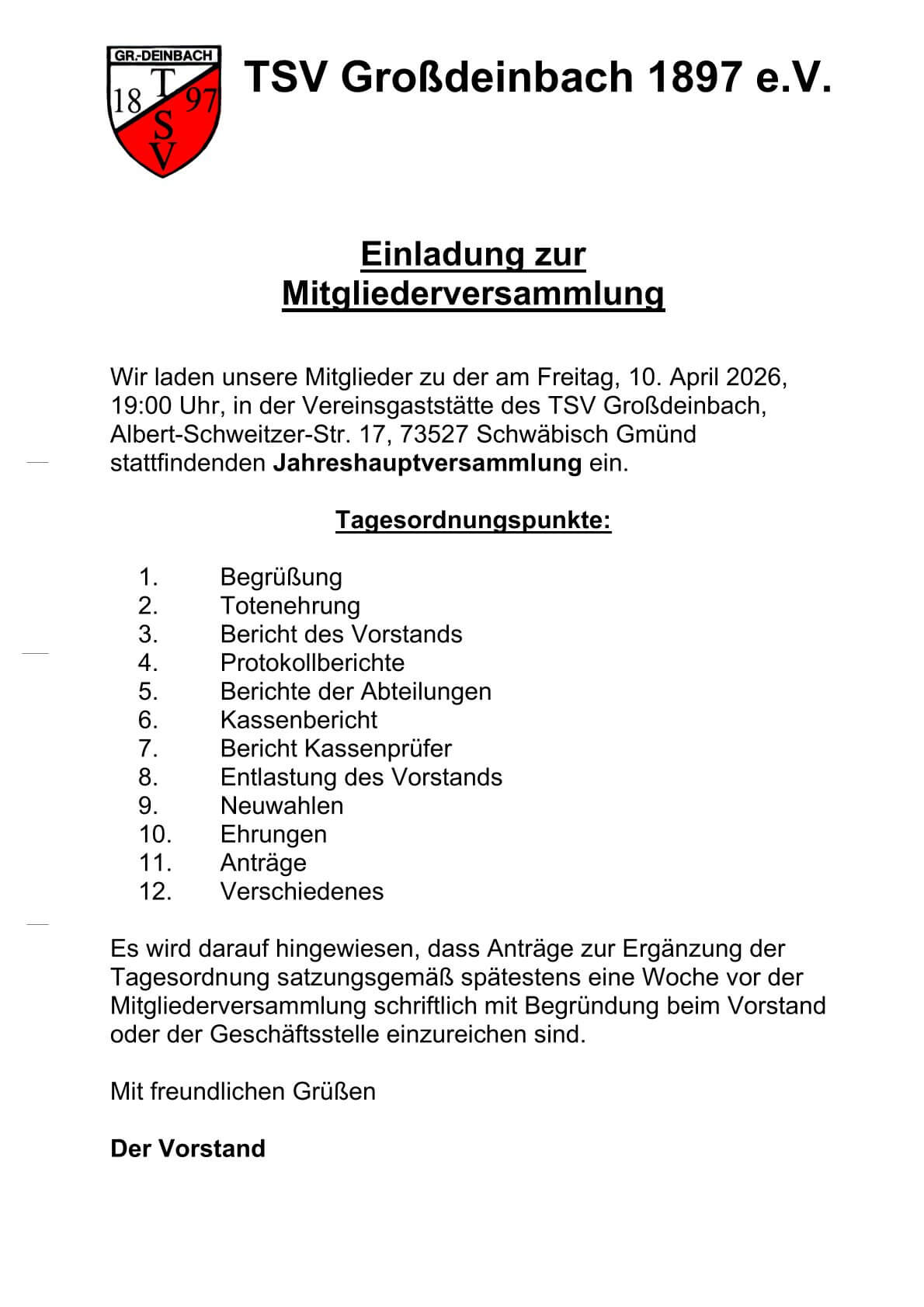 Bekanntgabe Hauptversammlung 2026